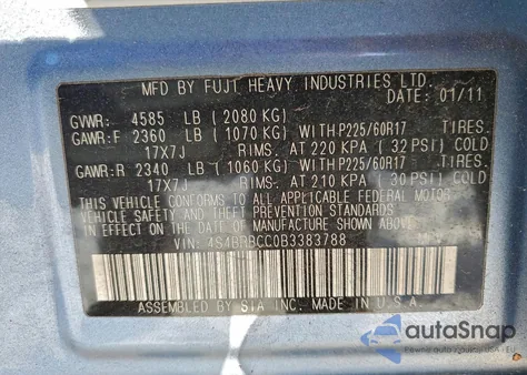 2011 Subaru Outback 2.5I Premium from USA, damaged, VIN 4S4BRBCC0B3383788